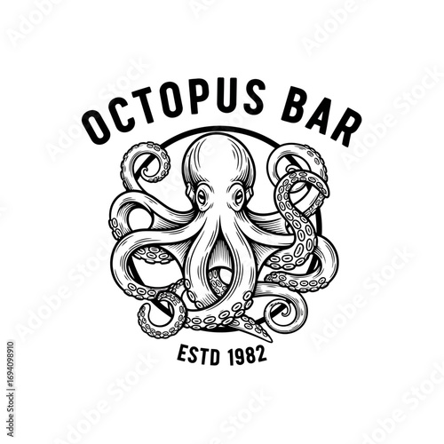 Black and white graphic logo for Octopus Bar, seafood themed restaurant, established 1982.