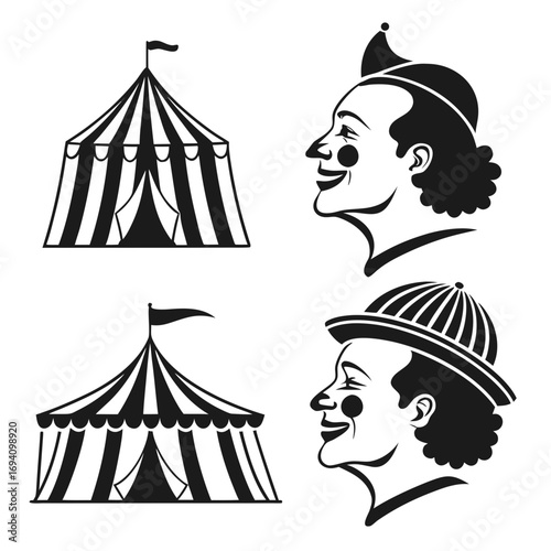 Circus tents and smiling clown faces black and white