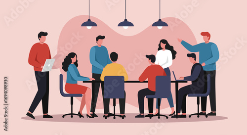 Diverse business team collaborating in a modern office, engaged in a productive meeting. Illustrates teamwork, strategy, and innovation.