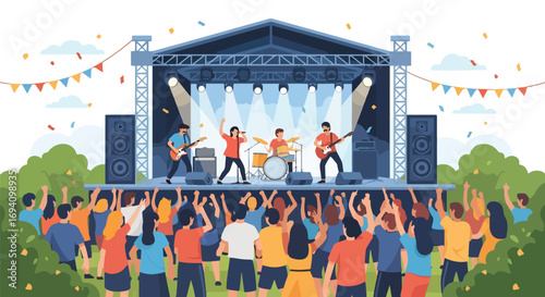 Flat style illustration of a lively outdoor concert with a rock band performing on stage, bright lights, confetti, and a cheering crowd enjoying live music in a festive atmosphere.