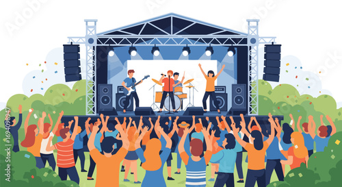 Flat style illustration of a lively outdoor concert with a rock band performing on stage, bright lights, confetti, and a cheering crowd enjoying live music in a festive atmosphere.