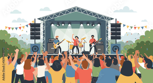 Flat style illustration of a lively outdoor concert with a rock band performing on stage, bright lights, confetti, and a cheering crowd enjoying live music in a festive atmosphere.
