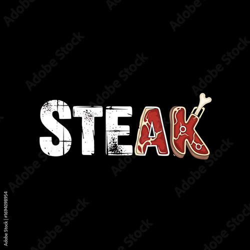 Steak graphic design, word art, meaty letter 'A', bone detail.