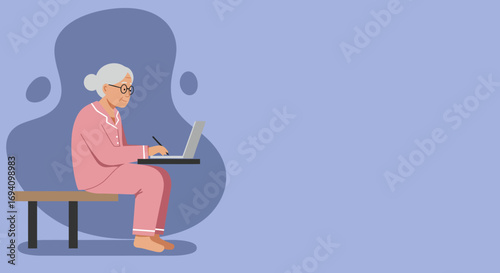Elderly woman in pajamas using a laptop and digital pen, enjoying technology at home. Represents learning, remote work, or creative hobbies for seniors.