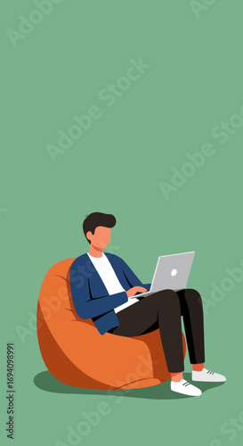 Young professional working comfortably on a laptop from a beanbag chair, illustrating remote work, flexible hours, and modern lifestyle productivity.