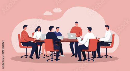 Diverse team collaborates in a modern office meeting, actively using laptops for business discussions. Represents teamwork, innovation, and corporate strategy.