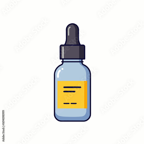 Illustration of a blue glass dropper bottle with a yellow label against a white background.
