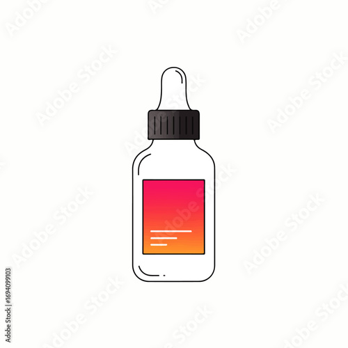 Illustration of a clear glass dropper bottle with a black cap and a gradient label, isolated on a white background.