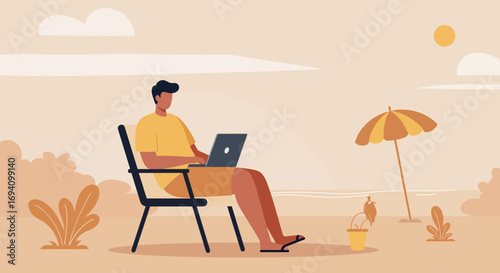 A man works remotely on a laptop at a sunny beach, symbolizing modern flexible work, digital nomad lifestyle, and productivity.