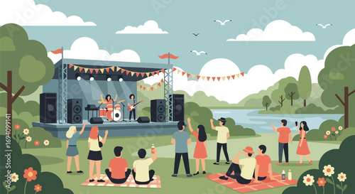 Flat style illustration of an outdoor concert with a live band performing on stage, colorful bunting, and people enjoying the music on picnic blankets in a park by the river