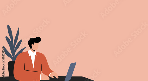 A professional man works on his laptop at a desk, with a plant in the background, representing productivity, remote work, or business.