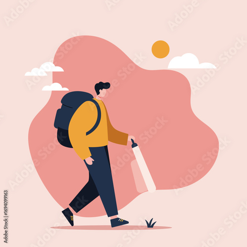 An adventurous man with a backpack walks outdoors under the sun, symbolizing travel, exploration, and a healthy lifestyle.