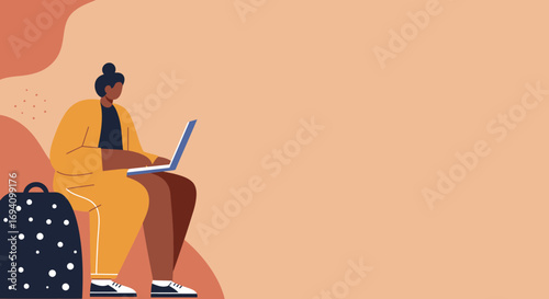 Illustration of a person using a laptop with a backpack, symbolizing remote work, online education, or digital nomad lifestyle. Concepts of productivity and modern living.