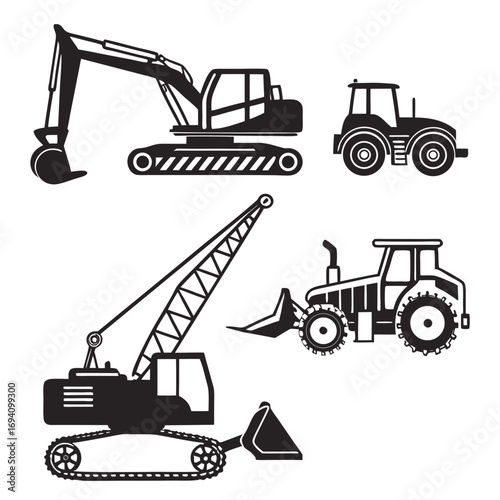 Construction vehicles silhouettes excavator crane