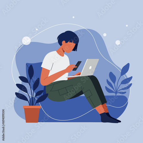 A person multitasks using a laptop and smartphone while working remotely from a comfortable home environment. Represents productivity, digital connectivity, and modern lifestyle.