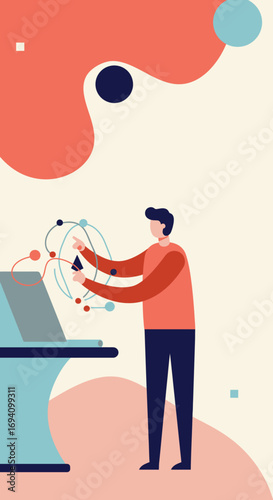 Young professional analyzing a complex digital system, symbolizing innovation, scientific discovery, and advanced technology in a modern setting.