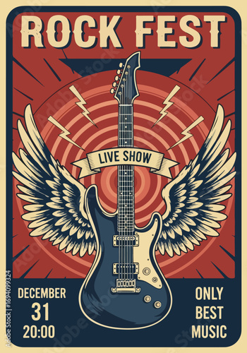 Vintage rock festival poster with electric guitar, wings, and bold typography, promoting a live music show perfect for concerts, events, and retro rock music lovers