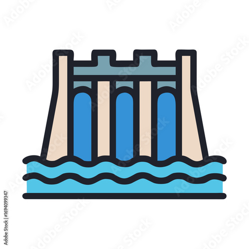 Dam illustration in colorful style with blue water and white background for renewable energy concept
