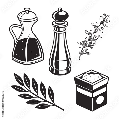 Cooking ingredients oil dispenser pepper mill herbs and salt