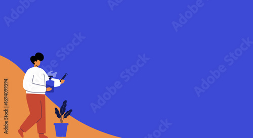 Illustration of a person holding a spray bottle and test tube, representing science, research, home care, or plant maintenance.