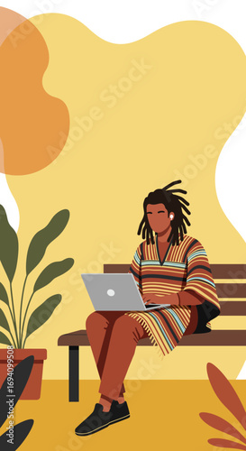 Person with dreadlocks works on a laptop outdoors, wearing earbuds. Represents remote work, modern lifestyle, and digital connection in a relaxed setting.