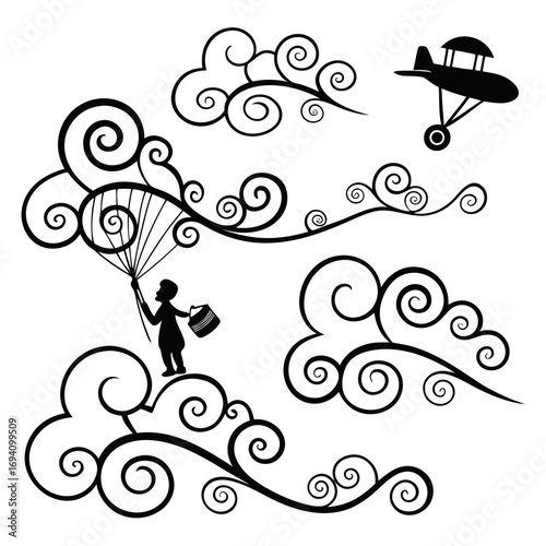 Decorative clouds and airplane silhouette black white