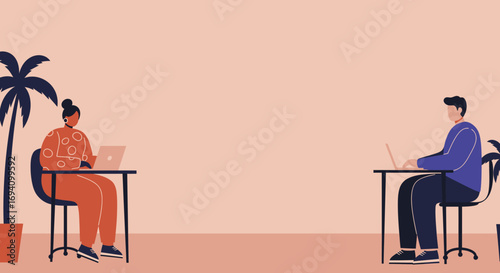 Diverse professionals working remotely on laptops, showcasing flexible work, independent careers, and social distancing in a modern digital environment.