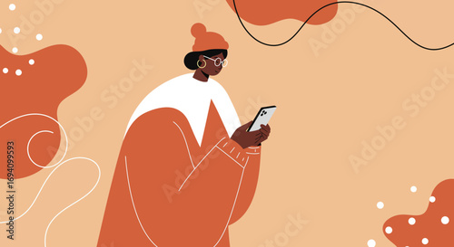 Stylish woman focused on her smartphone, engaging with digital content. Modern lifestyle, communication, and connectivity concept. Ideal for technology and social media themes.