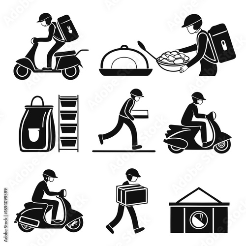 Delivery person icons on scooters and walking food