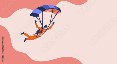 An adventurous person skydiving with a blue parachute against a stylized background, representing freedom, extreme sports, and thrilling leisure activities.