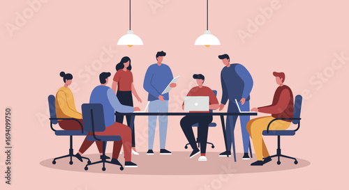 Diverse business team collaborating in a modern office meeting, discussing strategies and ideas. Perfect for themes of teamwork, innovation, and corporate productivity.