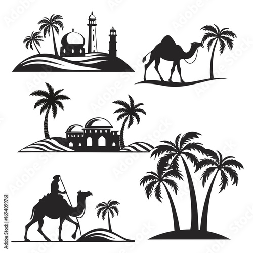 Desert oasis caravan and architecture silhouettes camel
