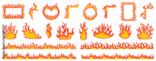 Fire flame frame collection. Set of burning frames and flame shapes with hot energy effect. Ideal for decoration and signs