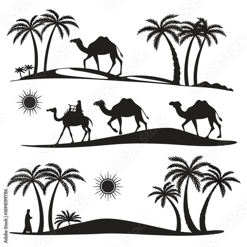 Desert oasis palm trees camels sun vector
