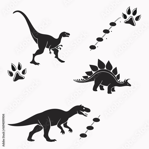 Dinosaur silhouettes and footprints raptor stegosaurus