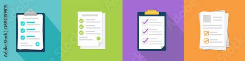 Checklist document collection. Flat design papers and clipboards with check marks. Perfect for tasks, planning, and organization