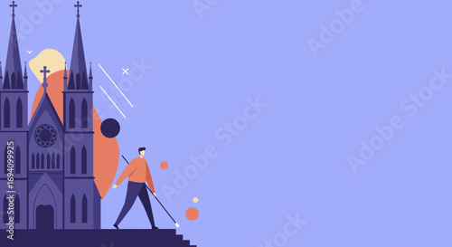 Modern flat illustration: A person with a staff walks from a grand cathedral. Evokes spiritual journey, travel, faith, personal growth, and new beginnings.