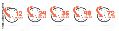 Hours countdown collection. Set of clock icons with arrows and text 12h, 24h, 36h, 48h, 72h. Perfect for time limit