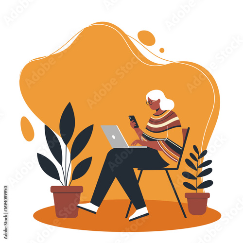 Woman multitasking, working remotely with a laptop and smartphone in a comfortable setting. Concept of freelance, online education, and digital lifestyle.