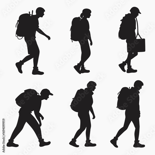 Diverse backpacker silhouettes walking hiking travel