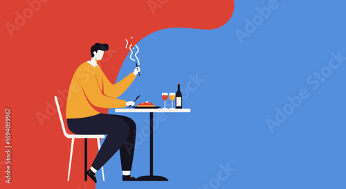 Man enjoys a delicious pasta meal with wine. Perfect for depicting restaurant dining, leisure, food, and lifestyle concepts.