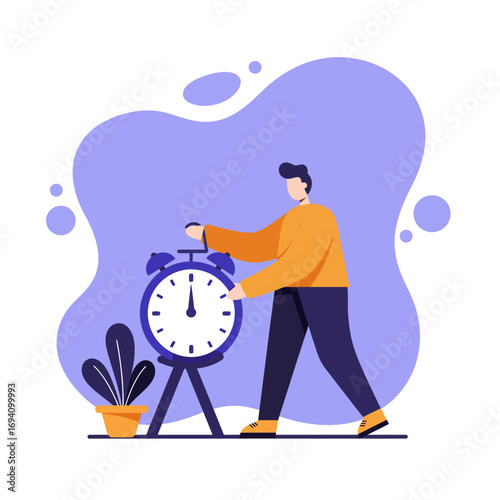 A man adjusts a large alarm clock, symbolizing time management, productivity, and meeting deadlines for business or lifestyle concepts.