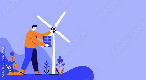 Man holding a solar panel next to a wind turbine, symbolizing renewable energy and sustainable development for a greener future.