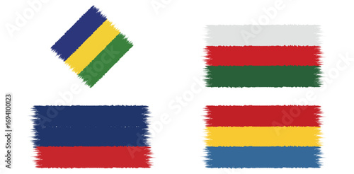 A stylized collection of four national flags, featuring the flags of Gabon, Belarus, Liechtenstein, and Romania, with a vibrant, textured brushstroke effect on a white background.