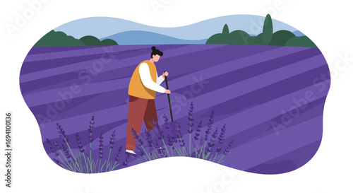 Person cultivating a vast, fragrant lavender field under a clear sky. Highlights agriculture, aromatherapy, natural beauty, and a peaceful rural lifestyle.