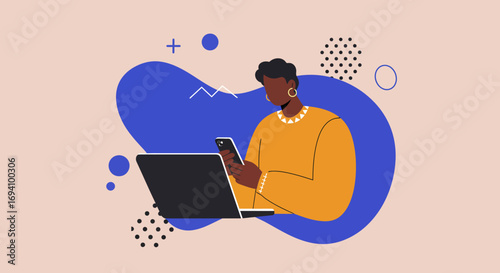 Person multitasking, using a laptop and smartphone for work or communication. Modern digital lifestyle, remote work, and online connectivity concept.