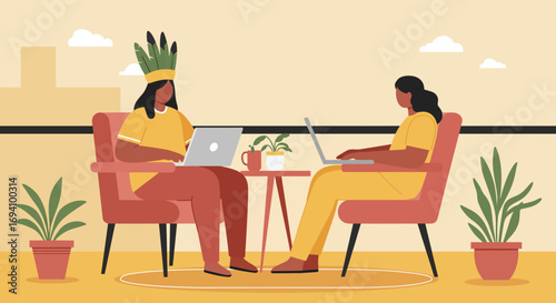 Two diverse women collaborate on laptops in a comfortable outdoor setting, symbolizing remote work, modern lifestyle, and global connection. Ideal for business, technology, or travel content.