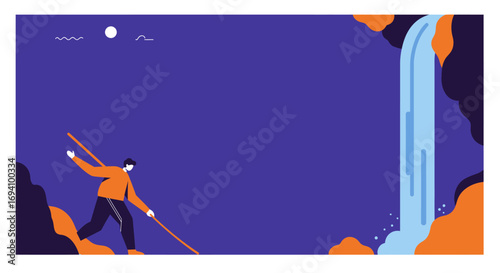 Man trekking with poles in a stylized natural landscape with a waterfall and moon, representing adventure, exploration, or journey. Ideal for travel, outdoors, or lifestyle concepts.