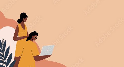 Two diverse women collaborate with a laptop in a modern, minimalist setting, ideal for remote work, business, or educational concepts.