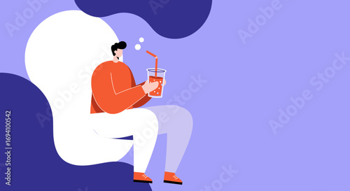 Stylized illustration of a man casually sitting and sipping a cool drink through a straw, set against a vibrant abstract purple backdrop.